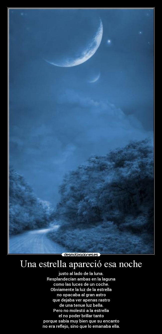 Una estrella apareció esa noche - justo al lado de la luna.
Resplandecían ambas en la laguna
como las luces de un coche.
Obviamente la luz de la estrella
no opacaba al gran astro
que dejaba ver apenas rastro
de una tenue luz bella.
Pero no molestó a la estrella
el no poder brillar tanto
porque sabía muy bien que su encanto
no era reflejo, sino que lo emanaba ella.