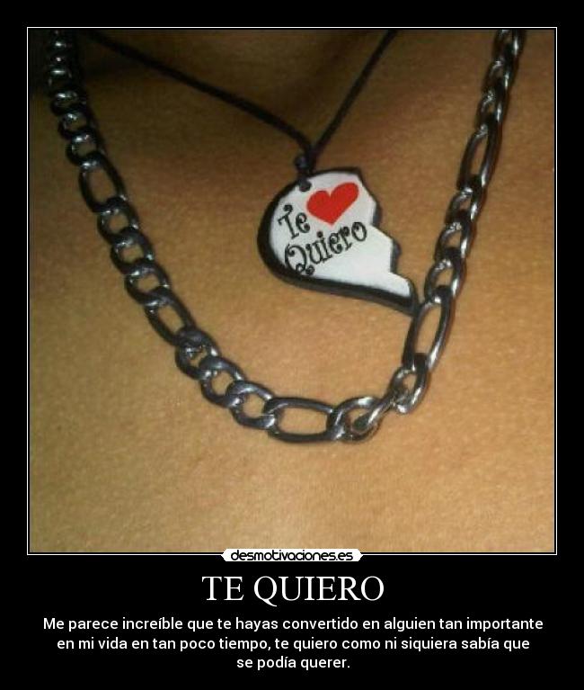 TE QUIERO - Me parece increíble que te hayas convertido en alguien tan importante
en mi vida en tan poco tiempo, te quiero como ni siquiera sabía que
se podía querer.