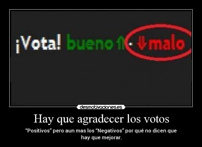Hay que agradecer los votos - “Positivos” pero aun mas los “Negativos” por qué no dicen que hay que mejorar.