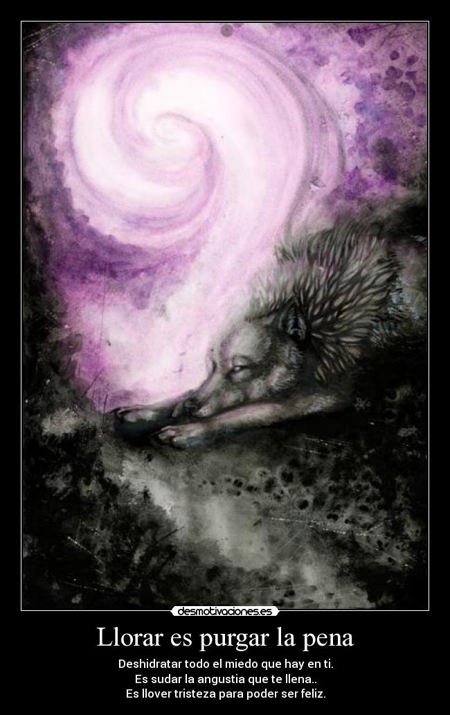 Llorar es purgar la pena - Deshidratar todo el miedo que hay en ti.
Es sudar la angustia que te llena..
Es llover tristeza para poder ser feliz.