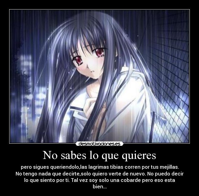 No sabes lo que quieres - pero sigues queriendolo,las lagrimas tibias corren por tus mejillas.
No tengo nada que decirte,solo quiero verte de nuevo. No puedo decir
lo que siento por ti. Tal vez soy solo una cobarde pero eso esta
bien...