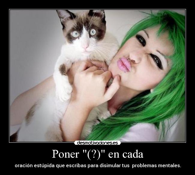 Poner (?) en cada - oración estúpida que escribas para disimular tus problemas mentales.