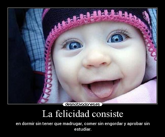 La felicidad consiste - en dormir sin tener que madrugar, comer sin engordar y aprobar sin estudiar.