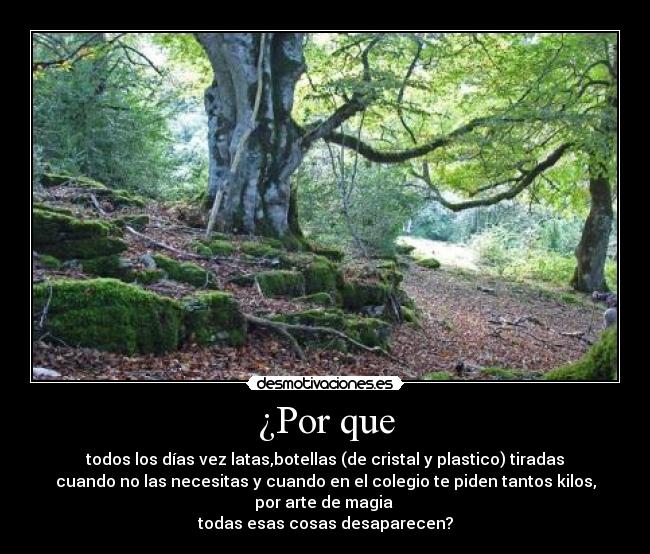 ¿Por que - todos los días vez latas,botellas (de cristal y plastico) tiradas
cuando no las necesitas y cuando en el colegio te piden tantos kilos,
por arte de magia 
todas esas cosas desaparecen?