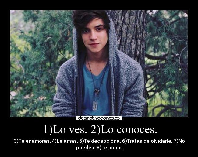 1)Lo ves. 2)Lo conoces. - 3)Te enamoras. 4)Le amas. 5)Te decepciona. 6)Tratas de olvidarle. 7)No
puedes. 8)Te jodes.