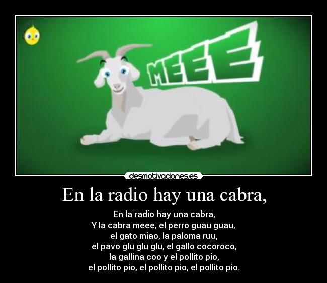 En la radio hay una cabra, - En la radio hay una cabra,
Y la cabra meee, el perro guau guau,
el gato miao, la paloma ruu,
el pavo glu glu glu, el gallo cocoroco,
la gallina coo y el pollito pio,
el pollito pio, el pollito pio, el pollito pio.