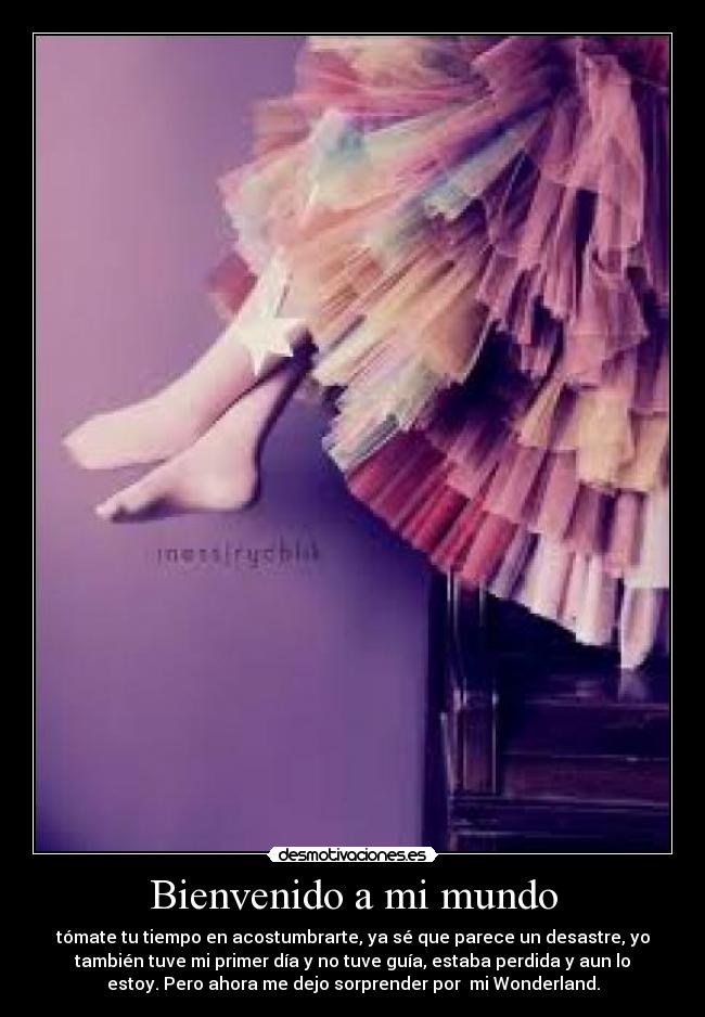 Bienvenido a mi mundo - tómate tu tiempo en acostumbrarte, ya sé que parece un desastre, yo
también tuve mi primer día y no tuve guía, estaba perdida y aun lo
estoy. Pero ahora me dejo sorprender por mi Wonderland.