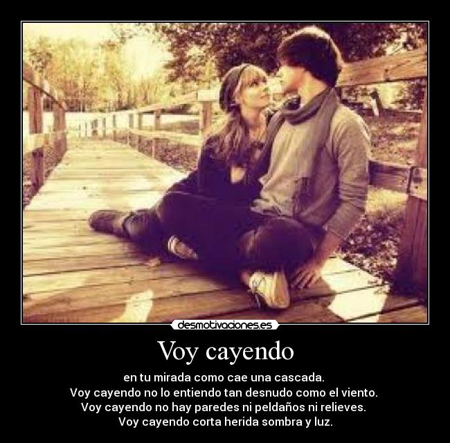 Voy cayendo - en tu mirada como cae una cascada.
Voy cayendo no lo entiendo tan desnudo como el viento.
Voy cayendo no hay paredes ni peldaños ni relieves.
Voy cayendo corta herida sombra y luz.