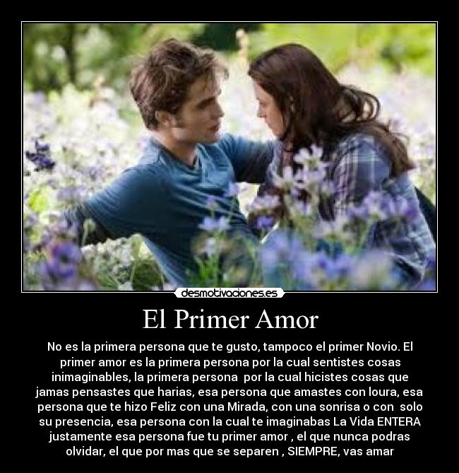 El Primer Amor - No es la primera persona que te gusto, tampoco el primer Novio. El
primer amor es la primera persona por la cual sentistes cosas
inimaginables, la primera persona  por la cual hicistes cosas que
jamas pensastes que harias, esa persona que amastes con loura, esa
persona que te hizo Feliz con una Mirada, con una sonrisa o con  solo
su presencia, esa persona con la cual te imaginabas La Vida ENTERA
justamente esa persona fue tu primer amor , el que nunca podras
olvidar, el que por mas que se separen , SIEMPRE, vas amar