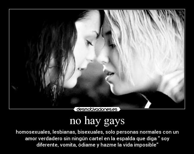 no hay gays - homosexuales, lesbianas, bisexuales, solo personas normales con un
amor verdadero sin ningún cartel en la espalda que diga soy
diferente, vomita, ódiame y hazme la vida imposible