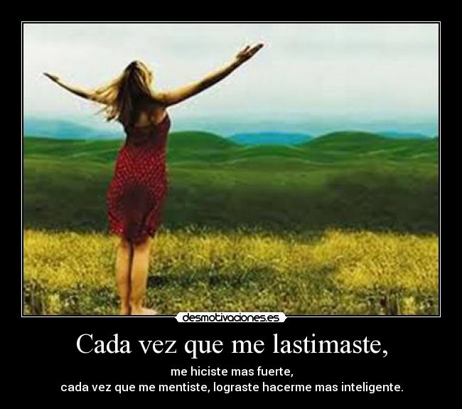 Cada vez que me lastimaste, - me hiciste mas fuerte,
cada vez que me mentiste, lograste hacerme mas inteligente.