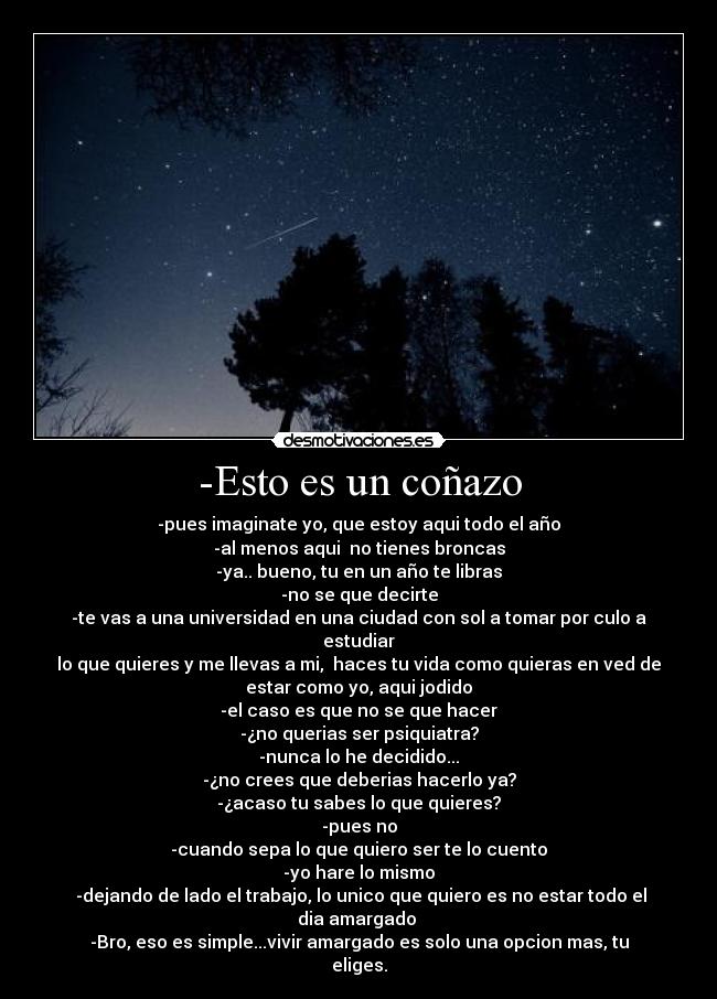 -Esto es un coñazo - -pues imaginate yo, que estoy aqui todo el año
-al menos aqui no tienes broncas
-ya.. bueno, tu en un año te libras
-no se que decirte
-te vas a una universidad en una ciudad con sol a tomar por culo a
estudiar
lo que quieres y me llevas a mi, haces tu vida como quieras en ved de
estar como yo, aqui jodido
-el caso es que no se que hacer
-¿no querias ser psiquiatra?
-nunca lo he decidido...
-¿no crees que deberias hacerlo ya?
-¿acaso tu sabes lo que quieres?
-pues no
-cuando sepa lo que quiero ser te lo cuento
-yo hare lo mismo
-dejando de lado el trabajo, lo unico que quiero es no estar todo el
dia amargado
-Bro, eso es simple...vivir amargado es solo una opcion mas, tu
eliges.