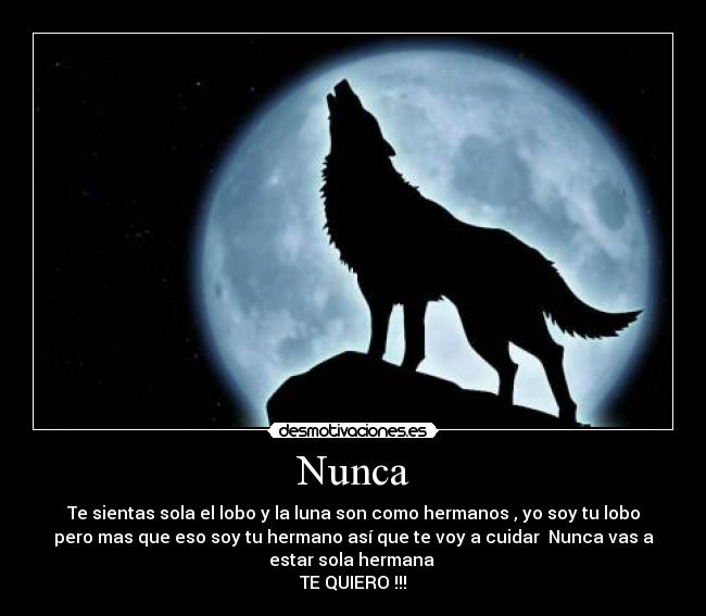 Nunca - Te sientas sola el lobo y la luna son como hermanos , yo soy tu lobo
pero mas que eso soy tu hermano así que te voy a cuidar Nunca vas a
estar sola hermana
TE QUIERO !!!