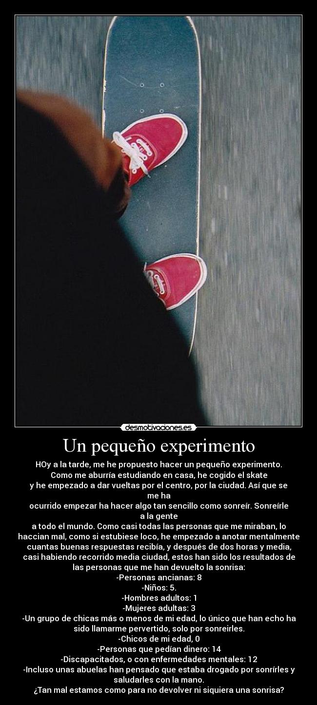 Un pequeño experimento - HOy a la tarde, me he propuesto hacer un pequeño experimento.
Como me aburría estudiando en casa, he cogido el skate
y he empezado a dar vueltas por el centro, por la ciudad. Así que se
me ha
ocurrido empezar ha hacer algo tan sencillo como sonreír. Sonreírle
a la gente
a todo el mundo. Como casi todas las personas que me miraban, lo
haccian mal, como si estubiese loco, he empezado a anotar mentalmente
cuantas buenas respuestas recibía, y después de dos horas y media,
casi habiendo recorrido media ciudad, estos han sido los resultados de
las personas que me han devuelto la sonrisa:
-Personas ancianas: 8
-Niños: 5.
-Hombres adultos: 1
-Mujeres adultas: 3
-Un grupo de chicas más o menos de mi edad, lo único que han echo ha
sido llamarme pervertido, solo por sonreirles.
-Chicos de mi edad, 0
-Personas que pedían dinero: 14
-Discapacitados, o con enfermedades mentales: 12
-Incluso unas abuelas han pensado que estaba drogado por sonrírles y
saludarles con la mano.
¿Tan mal estamos como para no devolver ni siquiera una sonrisa?
