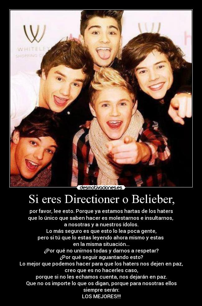 Si eres Directioner o Belieber, - por favor, lee esto. Porque ya estamos hartas de los haters
que lo único que saben hacer es molestarnos e insultarnos,
a nosotras y a nuestros ídolos.
Lo más seguro es que esto lo lea poca gente,
pero si tú que lo estas leyendo ahora mismo y estas
en la misma situación...
¿Por qué no unirnos todas y darnos a respetar?
¿Por qué seguir aguantando esto?
Lo mejor que podemos hacer para que los haters nos dejen en paz,
creo que es no hacerles caso,
porque si no les echamos cuenta, nos dejarán en paz.
Que no os importe lo que os digan, porque para nosotras ellos
siempre serán:
LOS MEJORES!!!