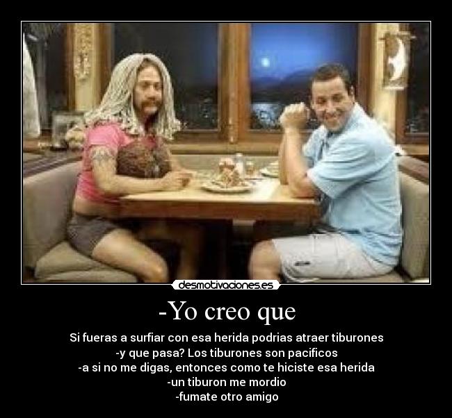 -Yo creo que - Si fueras a surfiar con esa herida podrias atraer tiburones
-y que pasa? Los tiburones son pacificos
-a si no me digas, entonces como te hiciste esa herida
-un tiburon me mordio
-fumate otro amigo