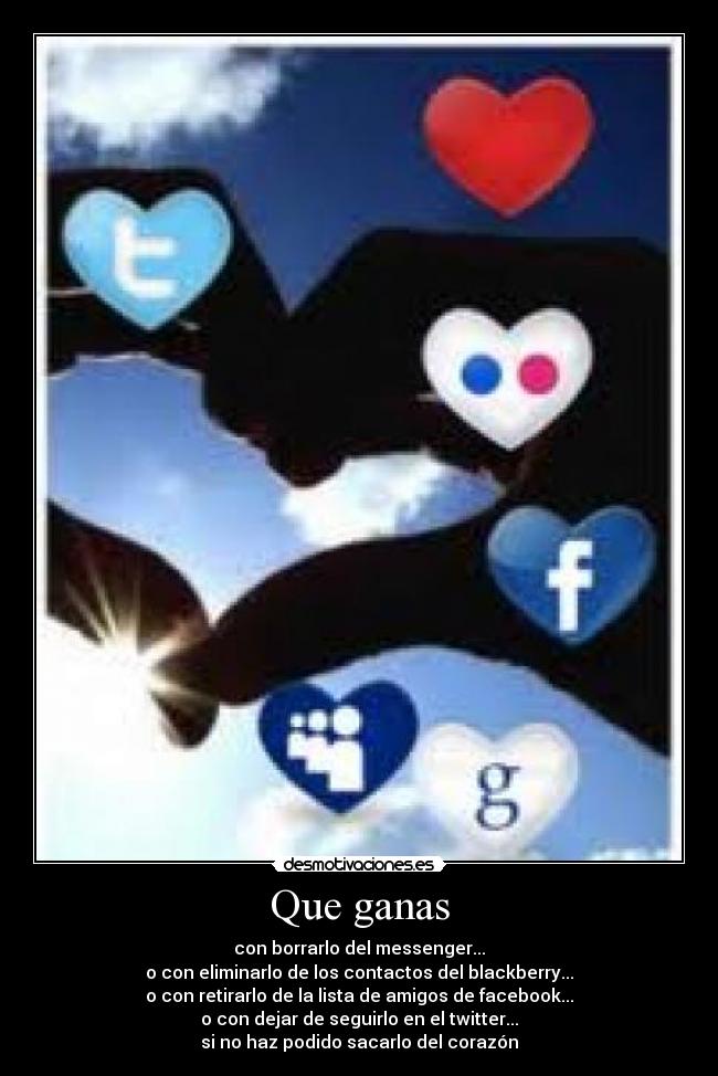 Que ganas - con borrarlo del messenger...
o con eliminarlo de los contactos del blackberry...
o con retirarlo de la lista de amigos de facebook...
o con dejar de seguirlo en el twitter...
si no haz podido sacarlo del corazón