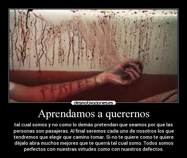 Aprendamos a querernos - tal cual somos y no como lo demás pretendan que seamos por que las
personas son pasajeras. Al final seremos cada uno de nosotros los que
tendremos que elegir que camino tomar. Si no te quiere como te quiere
déjalo abra muchos mejores que te querrá tal cual somo. Todos somos
perfectos con nuestras virtudes como con nuestros defectos.