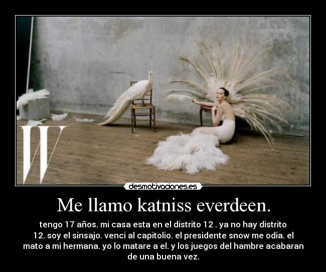 Me llamo katniss everdeen. - tengo 17 años. mi casa esta en el distrito 12 . ya no hay distrito
12. soy el sinsajo. venci al capitolio. el presidente snow me odia. el
mato a mi hermana. yo lo matare a el. y los juegos del hambre acabaran
de una buena vez.