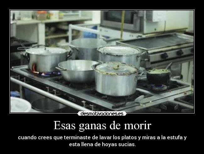 Esas ganas de morir - cuando crees que terminaste de lavar los platos y miras a la estufa y
esta llena de hoyas sucias.