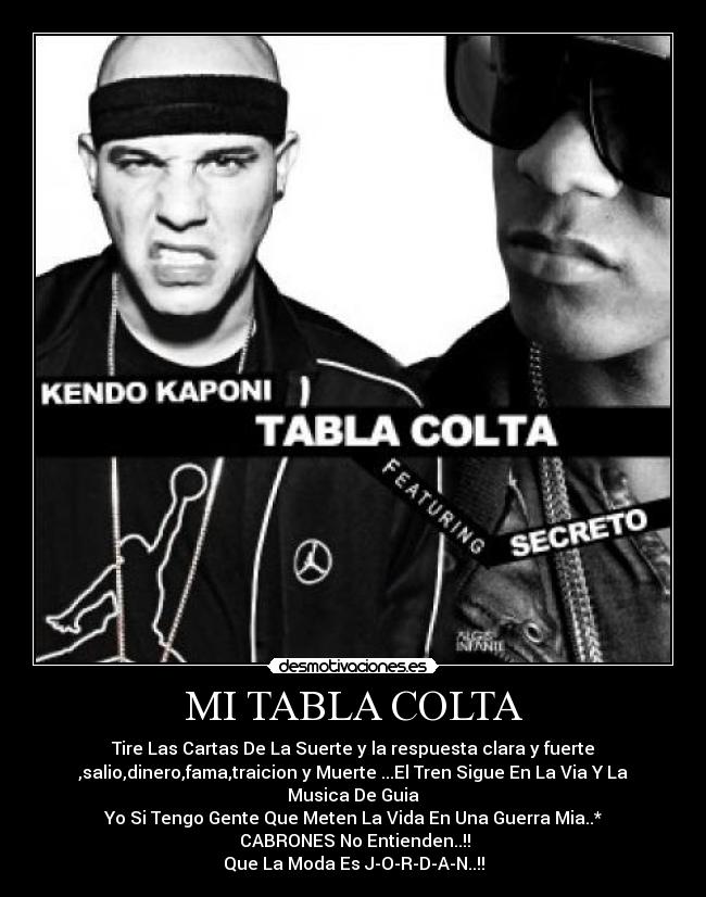 MI TABLA COLTA - Tire Las Cartas De La Suerte y la respuesta clara y fuerte
,salio,dinero,fama,traicion y Muerte ...El Tren Sigue En La Via Y La
Musica De Guia
Yo Si Tengo Gente Que Meten La Vida En Una Guerra Mia..*
 CABRONES No Entienden..!!
Que La Moda Es J-O-R-D-A-N..!!