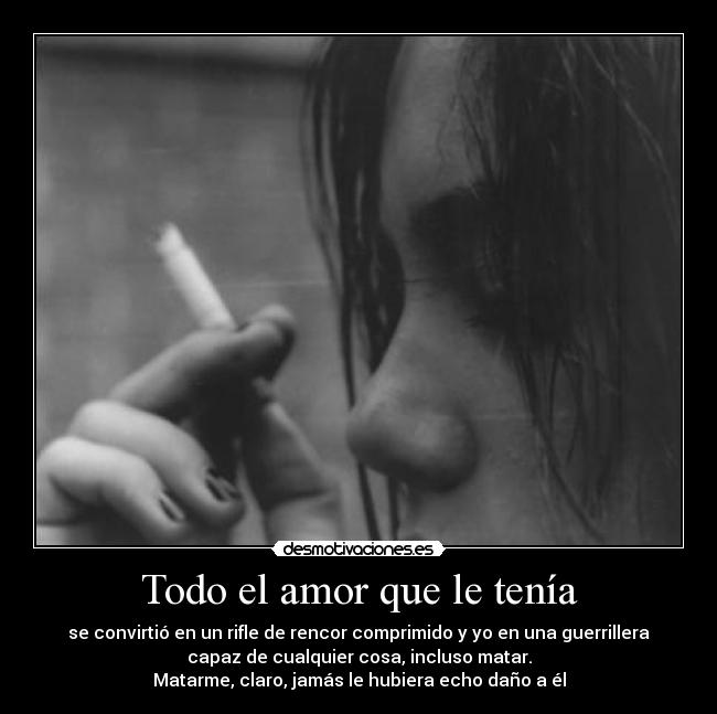 Todo el amor que le tenía - se convirtió en un rifle de rencor comprimido y yo en una guerrillera
capaz de cualquier cosa, incluso matar.
Matarme, claro, jamás le hubiera echo daño a él