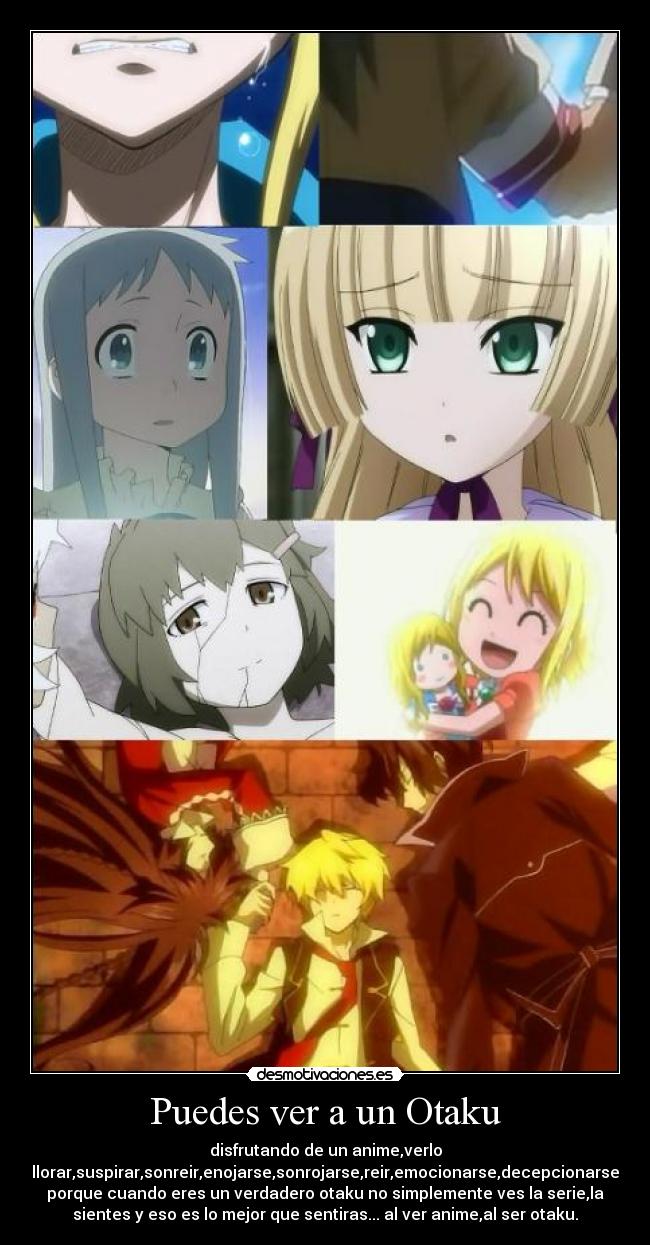 Puedes ver a un Otaku - disfrutando de un anime,verlo
llorar,suspirar,sonreir,enojarse,sonrojarse,reir,emocionarse,decepcionarse
porque cuando eres un verdadero otaku no simplemente ves la serie,la
sientes y eso es lo mejor que sentiras... al ver anime,al ser otaku.