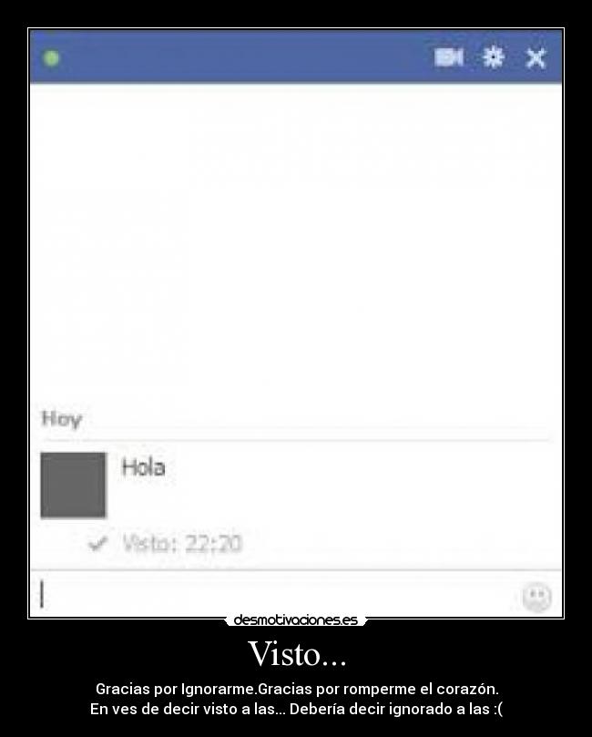 Visto... - Gracias por Ignorarme.Gracias por romperme el corazón.
En ves de decir visto a las... Debería decir ignorado a las :(