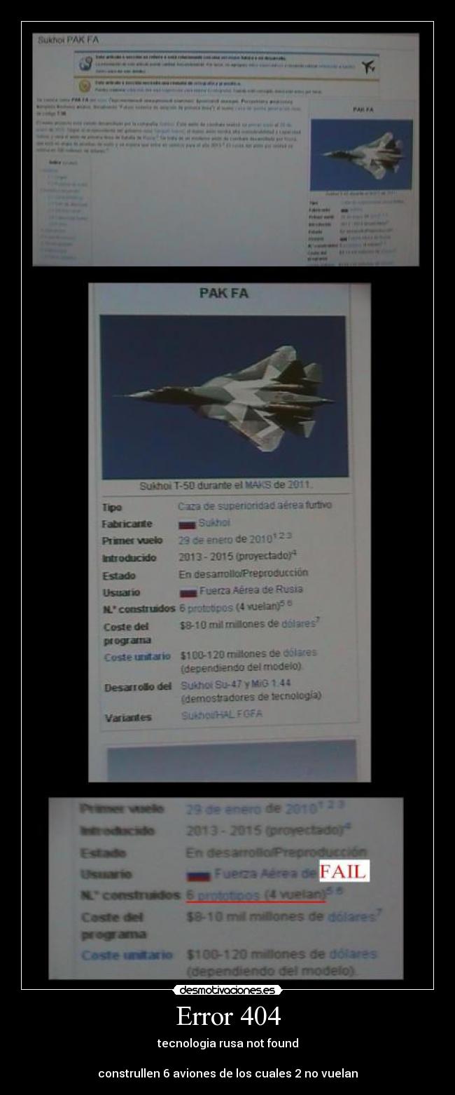 Error 404 - tecnologia rusa not found

construllen 6 aviones de los cuales 2 no vuelan
