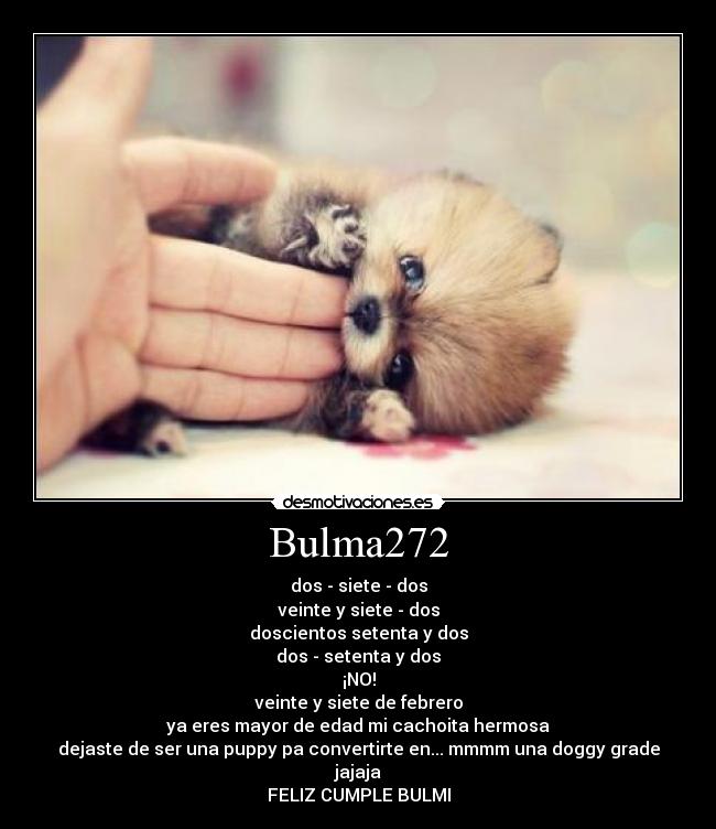 Bulma272 - dos - siete - dos
veinte y siete - dos
doscientos setenta y dos
dos - setenta y dos
¡NO!
veinte y siete de febrero
ya eres mayor de edad mi cachoita hermosa
dejaste de ser una puppy pa convertirte en... mmmm una doggy grade jajaja
FELIZ CUMPLE BULMI