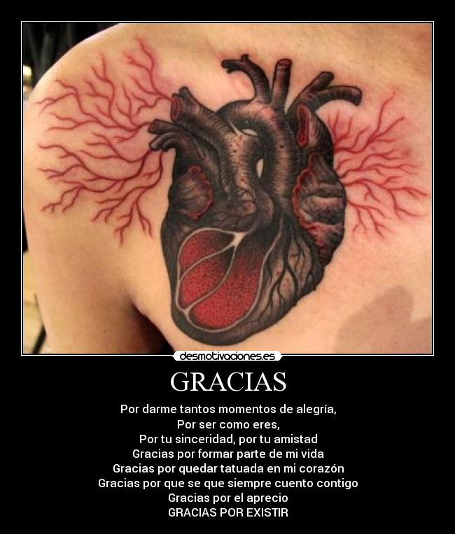 GRACIAS - Por darme tantos momentos de alegría,
Por ser como eres,
Por tu sinceridad, por tu amistad
Gracias por formar parte de mi vida
Gracias por quedar tatuada en mi corazón
Gracias por que se que siempre cuento contigo
Gracias por el aprecio
GRACIAS POR EXISTIR