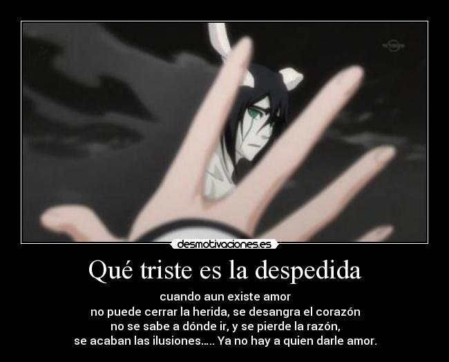 Qué triste es la despedida - cuando aun existe amor
no puede cerrar la herida, se desangra el corazón
no se sabe a dónde ir, y se pierde la razón,
se acaban las ilusiones….. Ya no hay a quien darle amor.