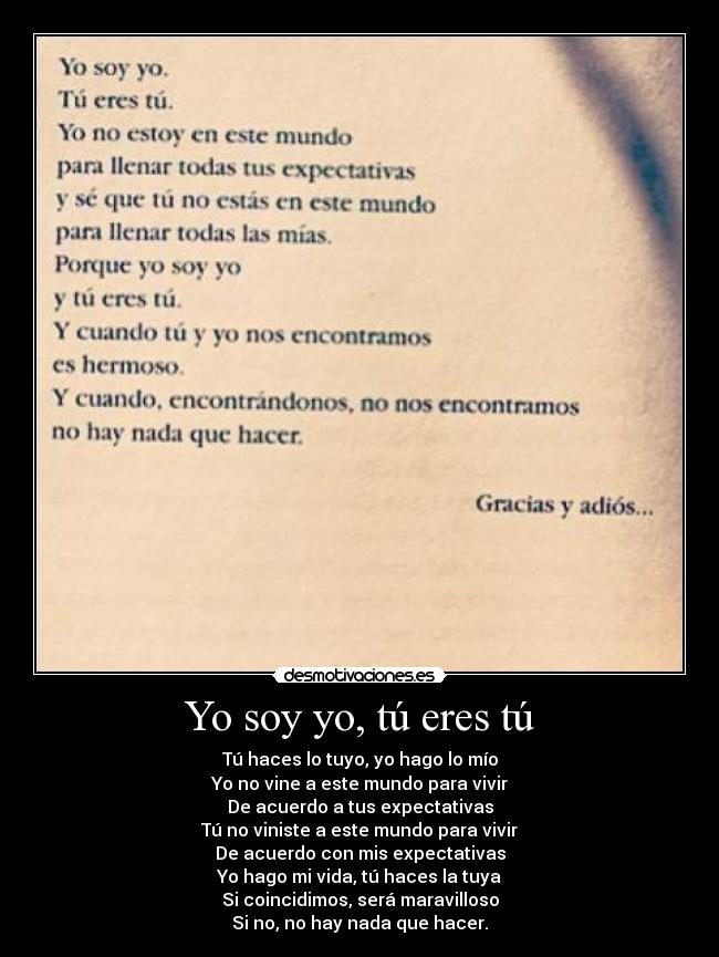 Yo soy yo, tú eres tú - Tú haces lo tuyo, yo hago lo mío
Yo no vine a este mundo para vivir
De acuerdo a tus expectativas
Tú no viniste a este mundo para vivir
De acuerdo con mis expectativas
Yo hago mi vida, tú haces la tuya
Si coincidimos, será maravilloso
Si no, no hay nada que hacer.