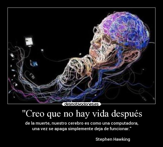 Creo que no hay vida después - de la muerte, nuestro cerebro es como una computadora,
una vez se apaga simplemente deja de funcionar.

                                                              Stephen Hawking