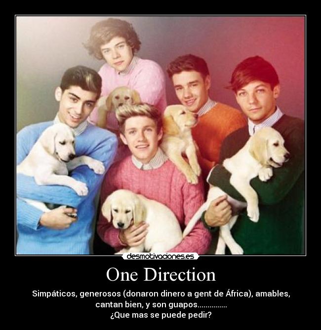 One Direction - Simpáticos, generosos (donaron dinero a gent de África), amables,
cantan bien, y son guapos...............
¿Que mas se puede pedir?