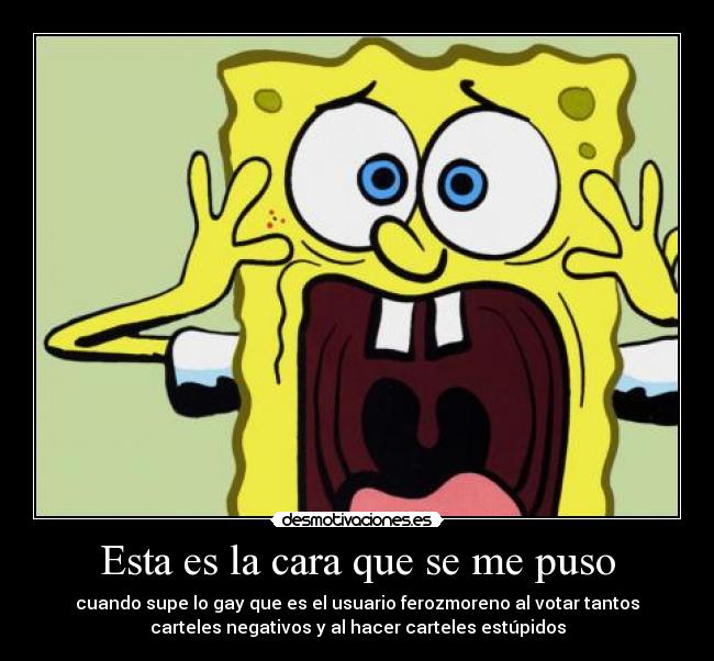 Esta es la cara que se me puso - cuando supe lo gay que es el usuario ferozmoreno al votar tantos
carteles negativos y al hacer carteles estúpidos
