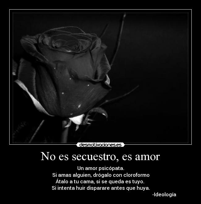 No es secuestro, es amor - Un amor psicópata.
Si amas alguien, drógalo con cloroformo
Átalo a tu cama, si se queda es tuyo. 
Si intenta huir disparare antes que huya.
                                                                                                       -Ideología