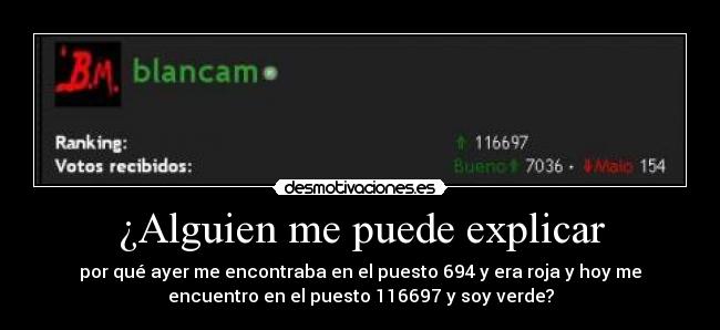 ¿Alguien me puede explicar - por qué ayer me encontraba en el puesto 694 y era roja y hoy me
encuentro en el puesto 116697 y soy verde?