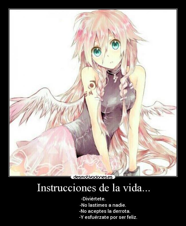 Instrucciones de la vida... - -Diviértete.
                 -No lastimes a nadie.
                    -No aceptes la derrota.
                          -Y esfuérzate por ser feliz.