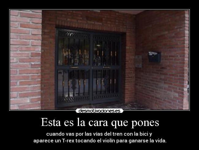 Esta es la cara que pones - cuando vas por las vías del tren con la bici y 
aparece un T-rex tocando el violín para ganarse la vida.