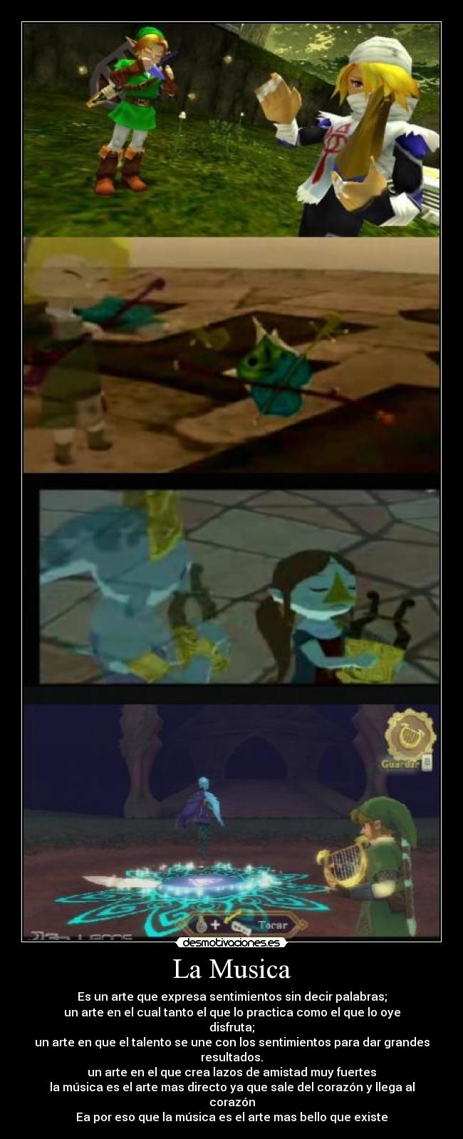 La Musica - Es un arte que expresa sentimientos sin decir palabras;
un arte en el cual tanto el que lo practica como el que lo oye disfruta;
un arte en que el talento se une con los sentimientos para dar grandes resultados.
un arte en el que crea lazos de amistad muy fuertes
la música es el arte mas directo ya que sale del corazón y llega al corazón
Ea por eso que la música es el arte mas bello que existe