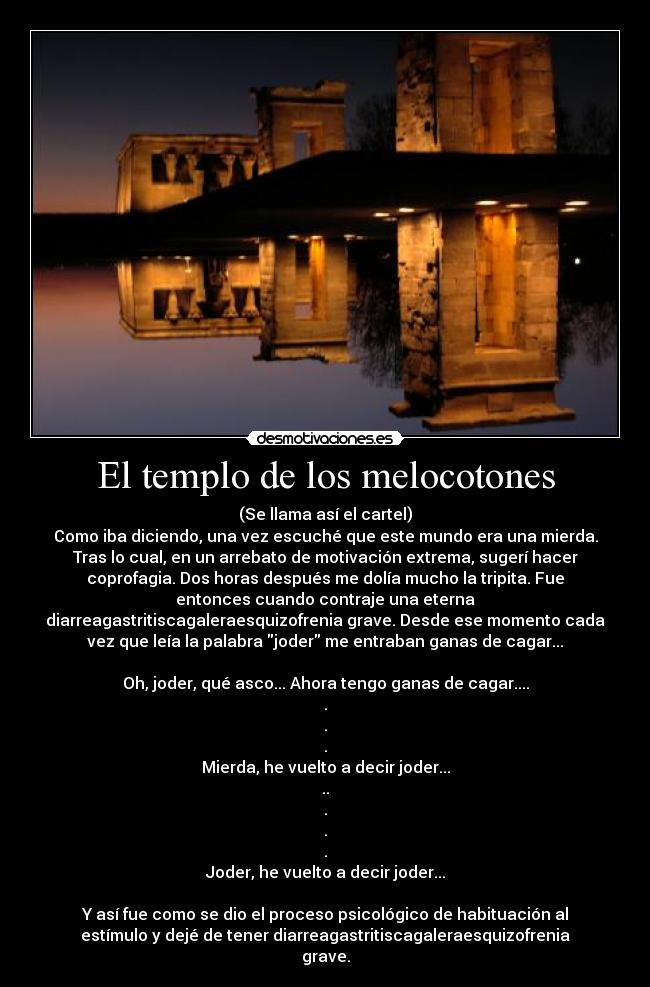 El templo de los melocotones - (Se llama así el cartel)
Como iba diciendo, una vez escuché que este mundo era una mierda.
Tras lo cual, en un arrebato de motivación extrema, sugerí hacer
coprofagia. Dos horas después me dolía mucho la tripita. Fue
entonces cuando contraje una eterna
diarreagastritiscagaleraesquizofrenia grave. Desde ese momento cada
vez que leía la palabra joder me entraban ganas de cagar...
Oh, joder, qué asco... Ahora tengo ganas de cagar....
.
.
.
Mierda, he vuelto a decir joder...
..
.
.
.
Joder, he vuelto a decir joder...
Y así fue como se dio el proceso psicológico de habituación al
estímulo y dejé de tener diarreagastritiscagaleraesquizofrenia
grave.
