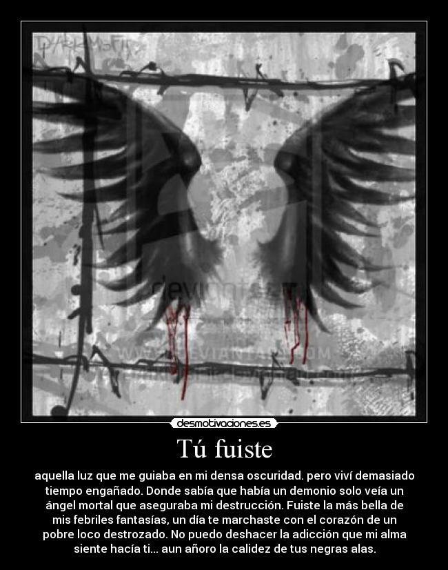 Tú fuiste - aquella luz que me guiaba en mi densa oscuridad. pero viví demasiado
tiempo engañado. Donde sabía que había un demonio solo veía un
ángel mortal que aseguraba mi destrucción. Fuiste la más bella de
mis febriles fantasías, un día te marchaste con el corazón de un
pobre loco destrozado. No puedo deshacer la adicción que mi alma
siente hacía ti... aun añoro la calidez de tus negras alas.