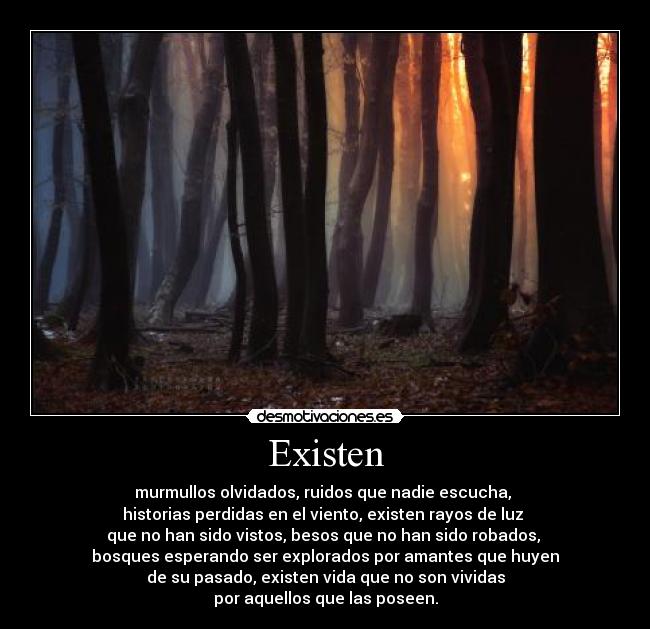 Existen - murmullos olvidados, ruidos que nadie escucha,
historias perdidas en el viento, existen rayos de luz
que no han sido vistos, besos que no han sido robados,
bosques esperando ser explorados por amantes que huyen
de su pasado, existen vida que no son vividas
por aquellos que las poseen.