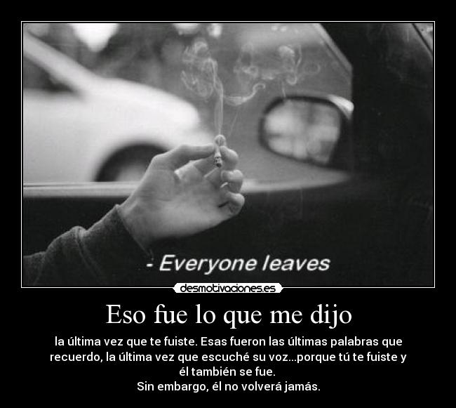 Eso fue lo que me dijo - la última vez que te fuiste. Esas fueron las últimas palabras que
recuerdo, la última vez que escuché su voz...porque tú te fuiste y
él también se fue. 
Sin embargo, él no volverá jamás.