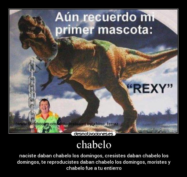 chabelo - naciste daban chabelo los domingos, cresistes daban chabelo los
domingos, te reproducistes daban chabelo los domingos, moristes y
chabelo fue a tu entierro