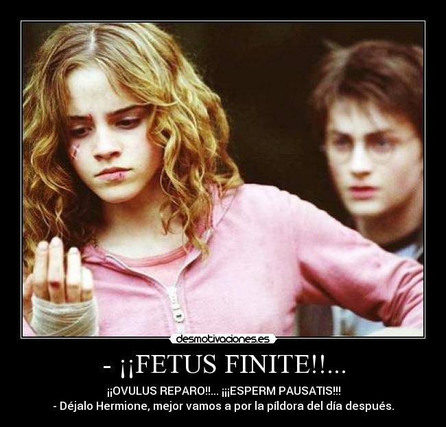 - ¡¡FETUS FINITE!!... - ¡¡OVULUS REPARO!!... ¡¡¡ESPERM PAUSATIS!!!
- Déjalo Hermione, mejor vamos a por la píldora del día después.