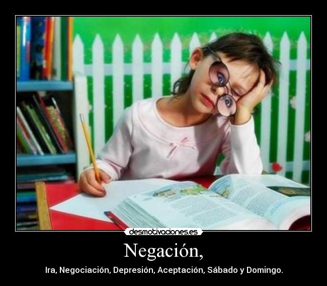 Negación, - Ira, Negociación, Depresión, Aceptación, Sábado y Domingo.