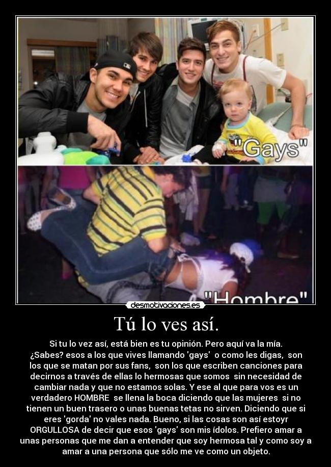 Tú lo ves así. - Si tu lo vez así, está bien es tu opinión. Pero aquí va la mía.
¿Sabes? esos a los que vives llamando gays  o como les digas,  son
los que se matan por sus fans,  son los que escriben canciones para
decirnos a través de ellas lo hermosas que somos  sin necesidad de
cambiar nada y que no estamos solas. Y ese al que para vos es un
verdadero HOMBRE  se llena la boca diciendo que las mujeres  si no
tienen un buen trasero o unas buenas tetas no sirven. Diciendo que si
eres gorda no vales nada. Bueno, si las cosas son así estoyr
ORGULLOSA de decir que esos gays son mis ídolos. Prefiero amar a
unas personas que me dan a entender que soy hermosa tal y como soy a
amar a una persona que sólo me ve como un objeto.