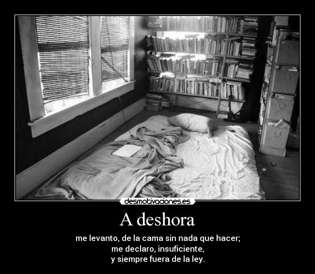 A deshora - me levanto, de la cama sin nada que hacer;
me declaro, insuficiente,
y siempre fuera de la ley.